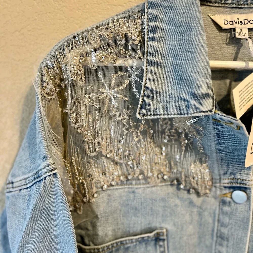 DAVI & DANI NWT Light Blue Cropped Denim Jacket with Sheer Embellishments Size S - Picture 7 of 13